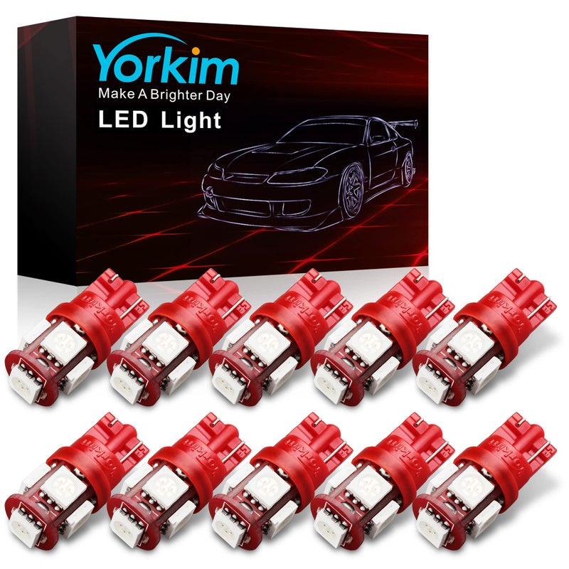 Yorkim مصابيح LED حمراء فائقة السطوع من يوركيم 194 الجيل الخامس الجديد، مصباح LED T10 168 لداخل السيارة، مصابيح سقف، لوحة ترخيص، خريطة، أضواء باب، W5W 2825، عبوة من 10 - Image 1